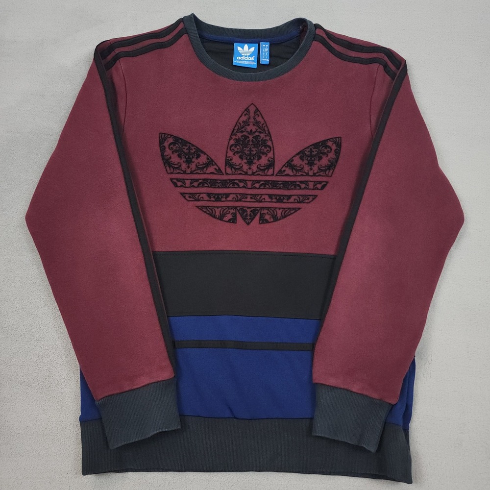 Adidas Originals Sweatshirt Mens S Burgundy Baroque Flocked Trefoil Colorblock - Picture 1 of 11